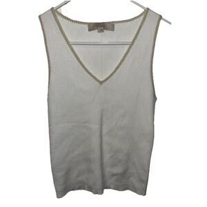 LOFT White Ribbed V-Neck Sleeveless Sweater Shell/Tank W/ Accent Trim Size Lg.